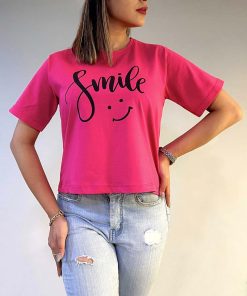 تیشرت کراپ پنبه طرح لبخند Smile