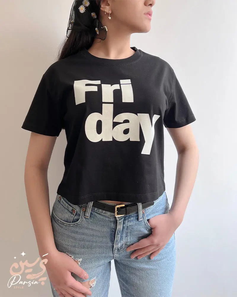 تنخور تیشرت کراپ مشکی فری سایز چاپ FRIDAY