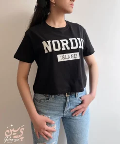 تیشرت کراپ مشکی زنانه نخ پنبه فری‌سایز با چاپ سفید NORDIC