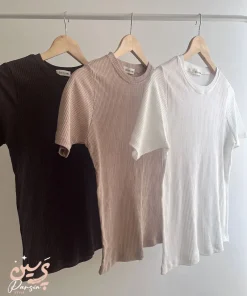 بافت نرم و کشسان تیشرت بیسیک کرکره‌ ای زنانه با پارچه کبریتی