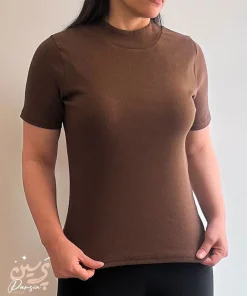 تیشرت کبریتی یقه ایستاده زنانه رنگ قهوه ای با جنس فانریپ پنبه پرسین