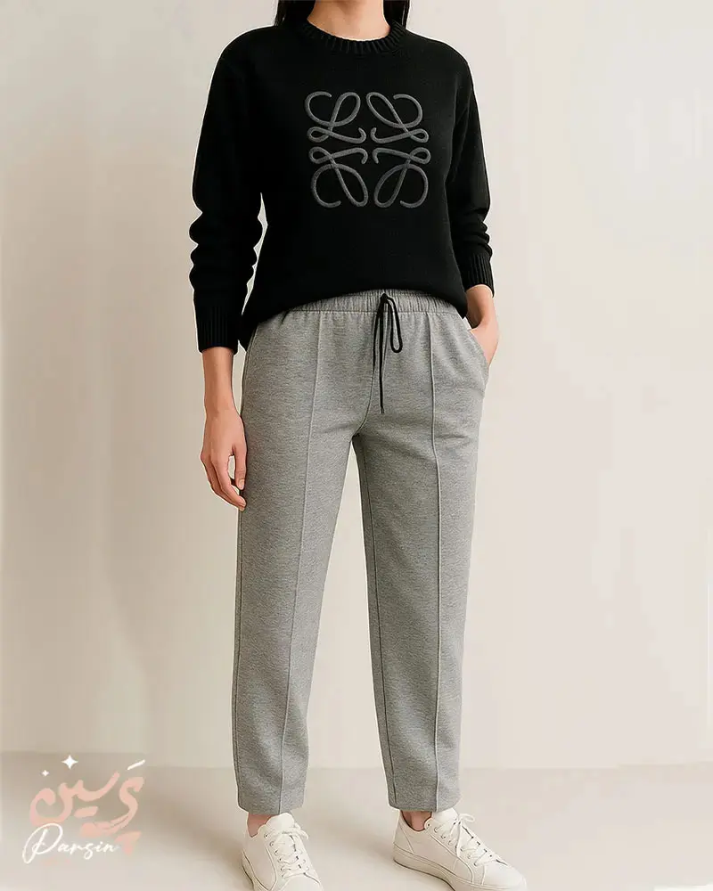 ست کامل بافت لوئوه مشکی و شلوار بگ گلکسی طوسی زنانه